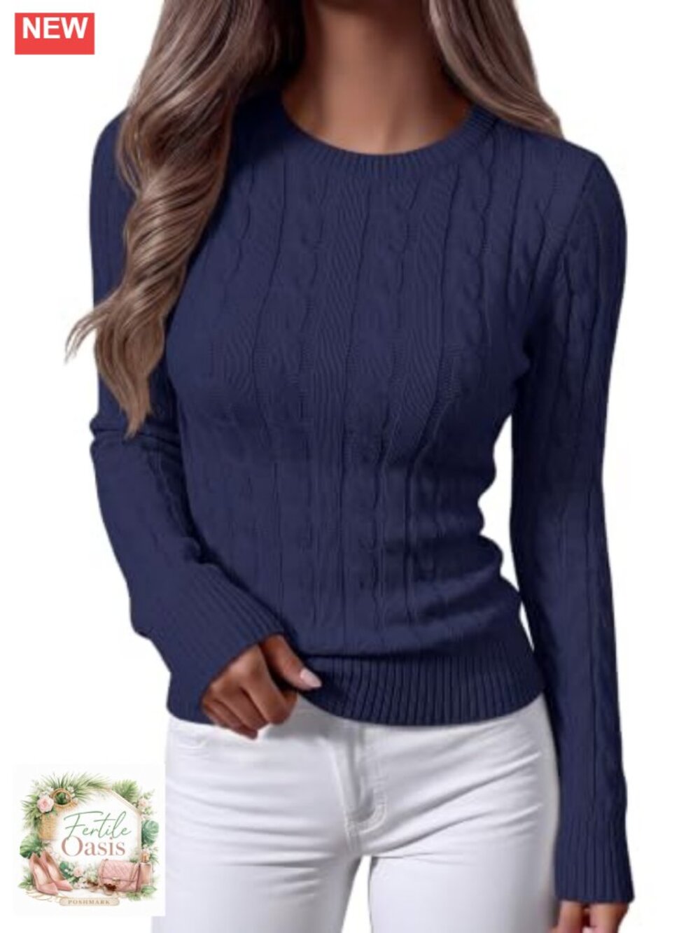Women's Cable Knit Pullover Sweater Crew Neck Long Sleeve Slim Fit